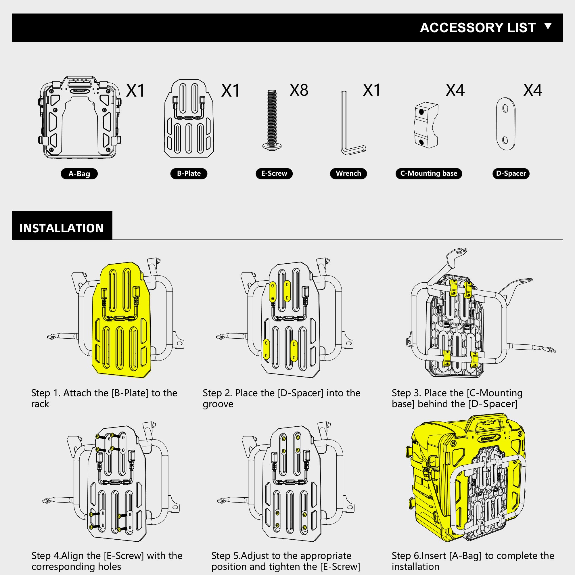 Rhinowalk saddlebag open showing organized compartments for tools and electronics