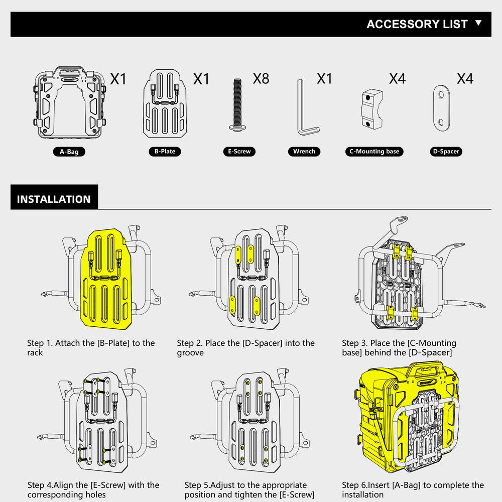 Rhinowalk saddlebag open showing organized compartments for tools and electronics