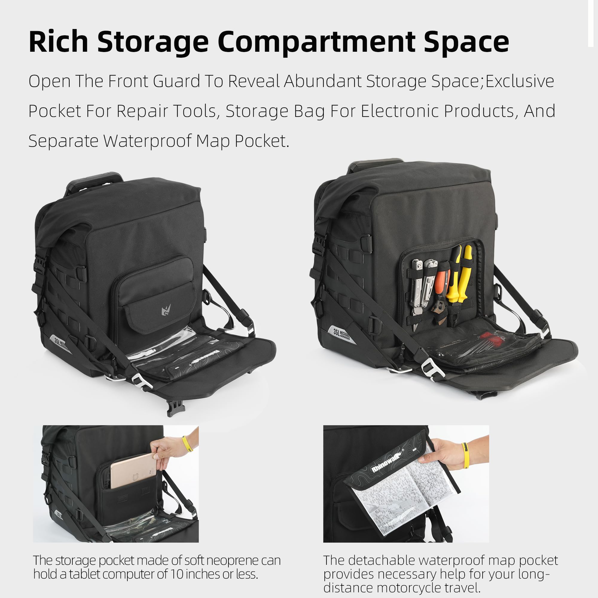 Rhinowalk saddlebag semi-rigid PE support panels protecting contents from impact