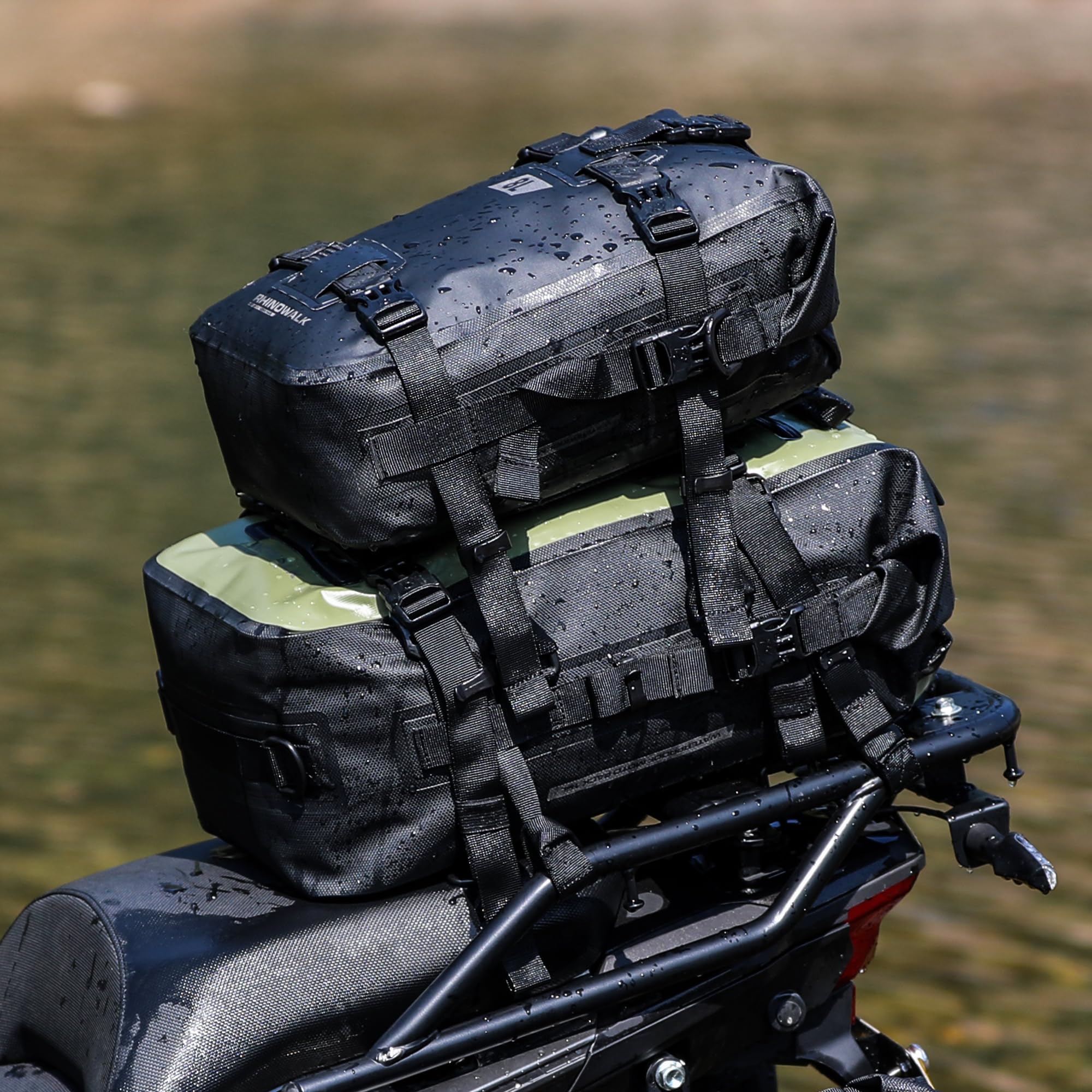 Rhinowalk size comparison with helmet showing scale and 30L capacity benefit