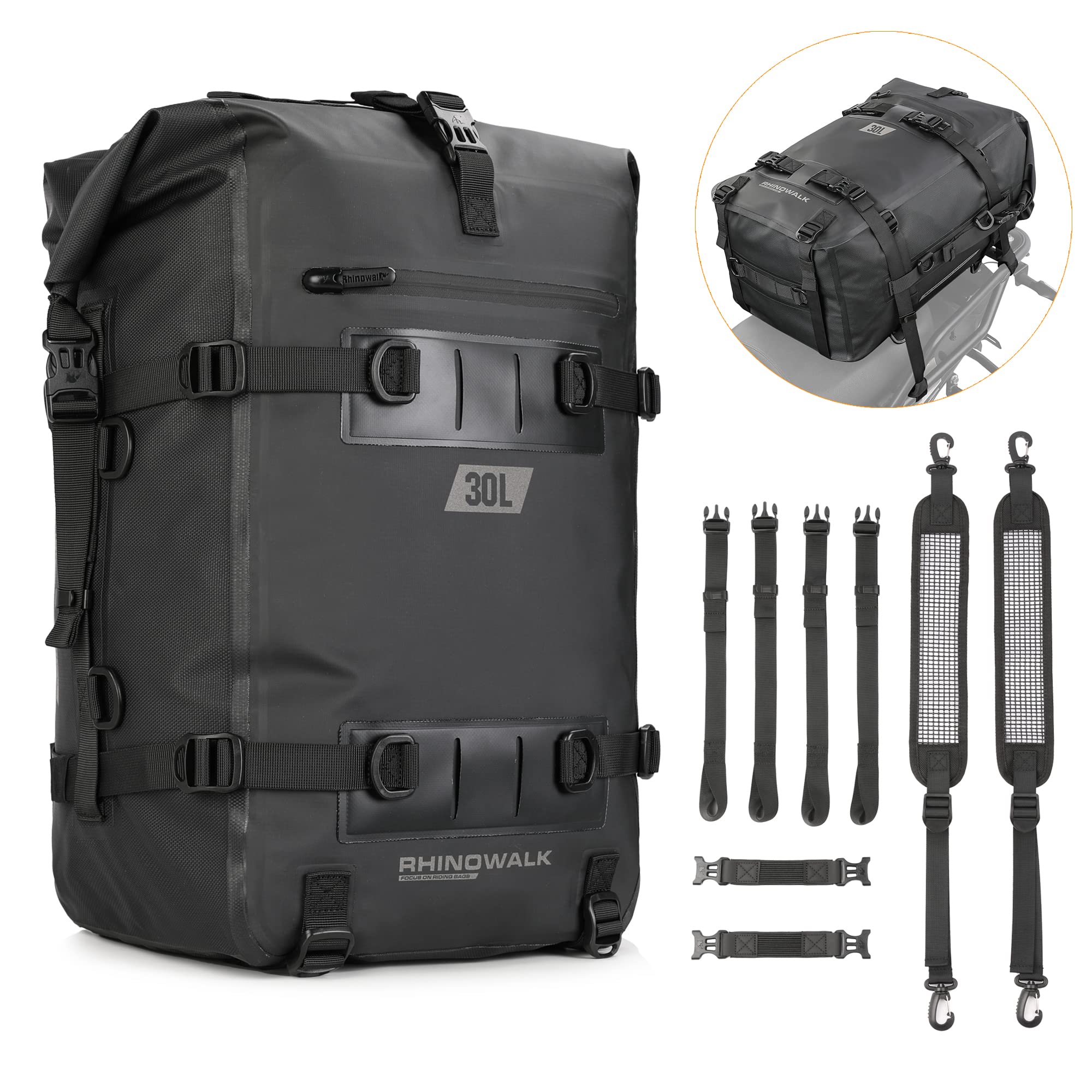 Rhinowalk tail bag front view showing organized pockets and sturdy buckles benefit weatherproof storage