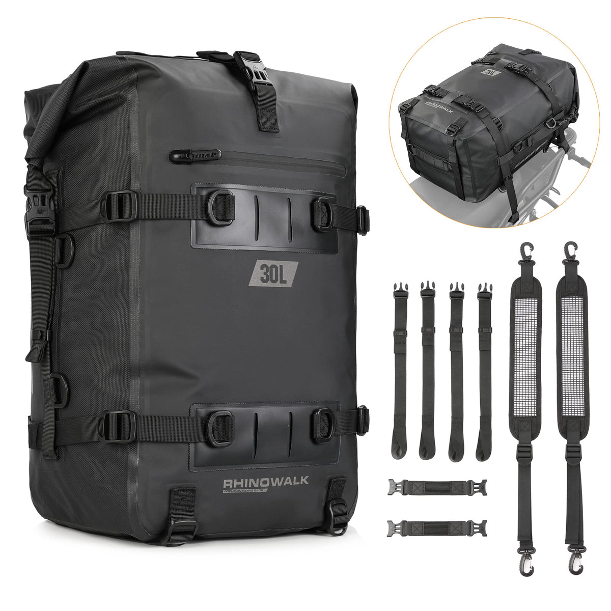 Rhinowalk tail bag front view showing organized pockets and sturdy buckles benefit weatherproof storage
