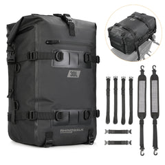 Rhinowalk tail bag front view showing organized pockets and sturdy buckles benefit weatherproof storage