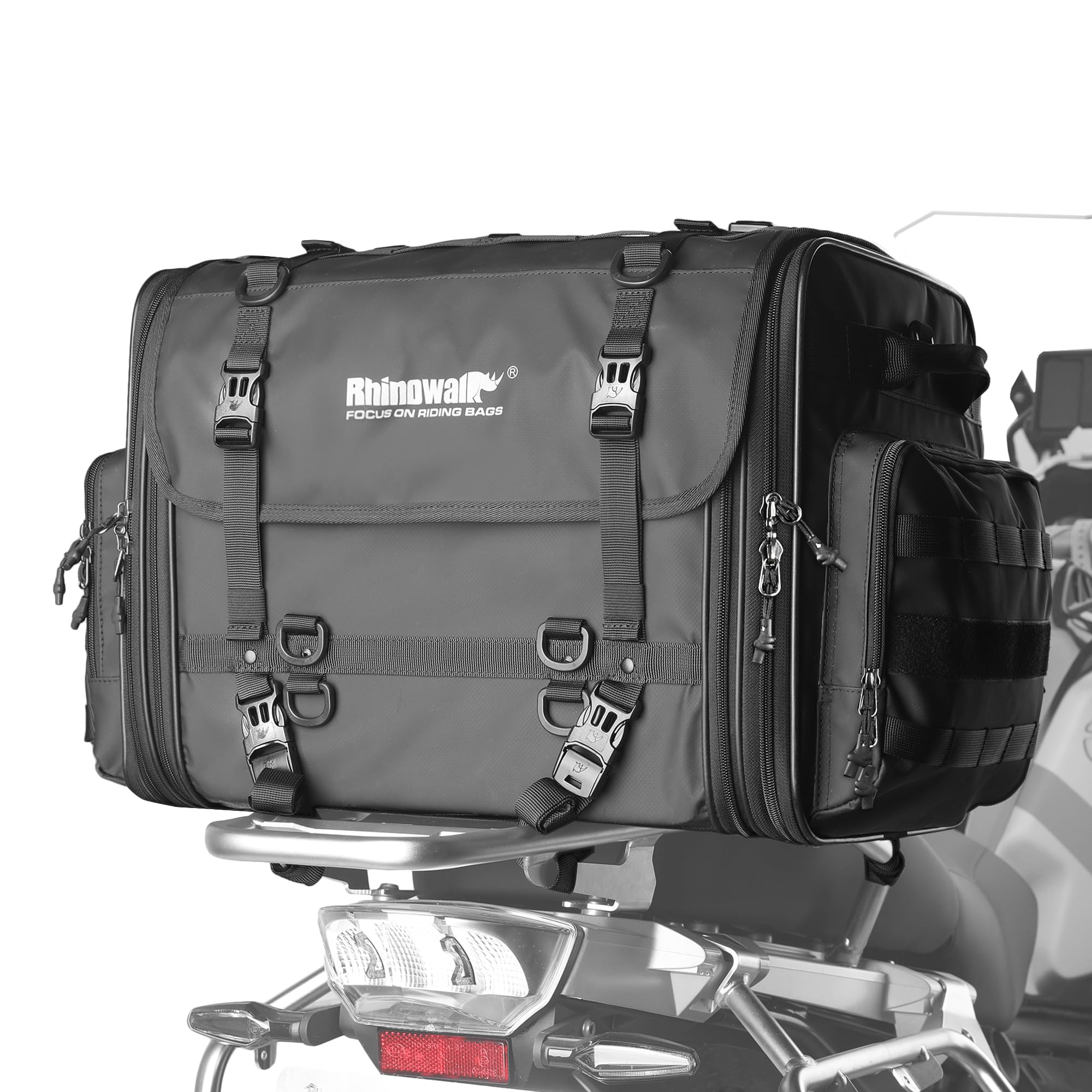 Rhinowalk tail bag front view showing organization and secure fit