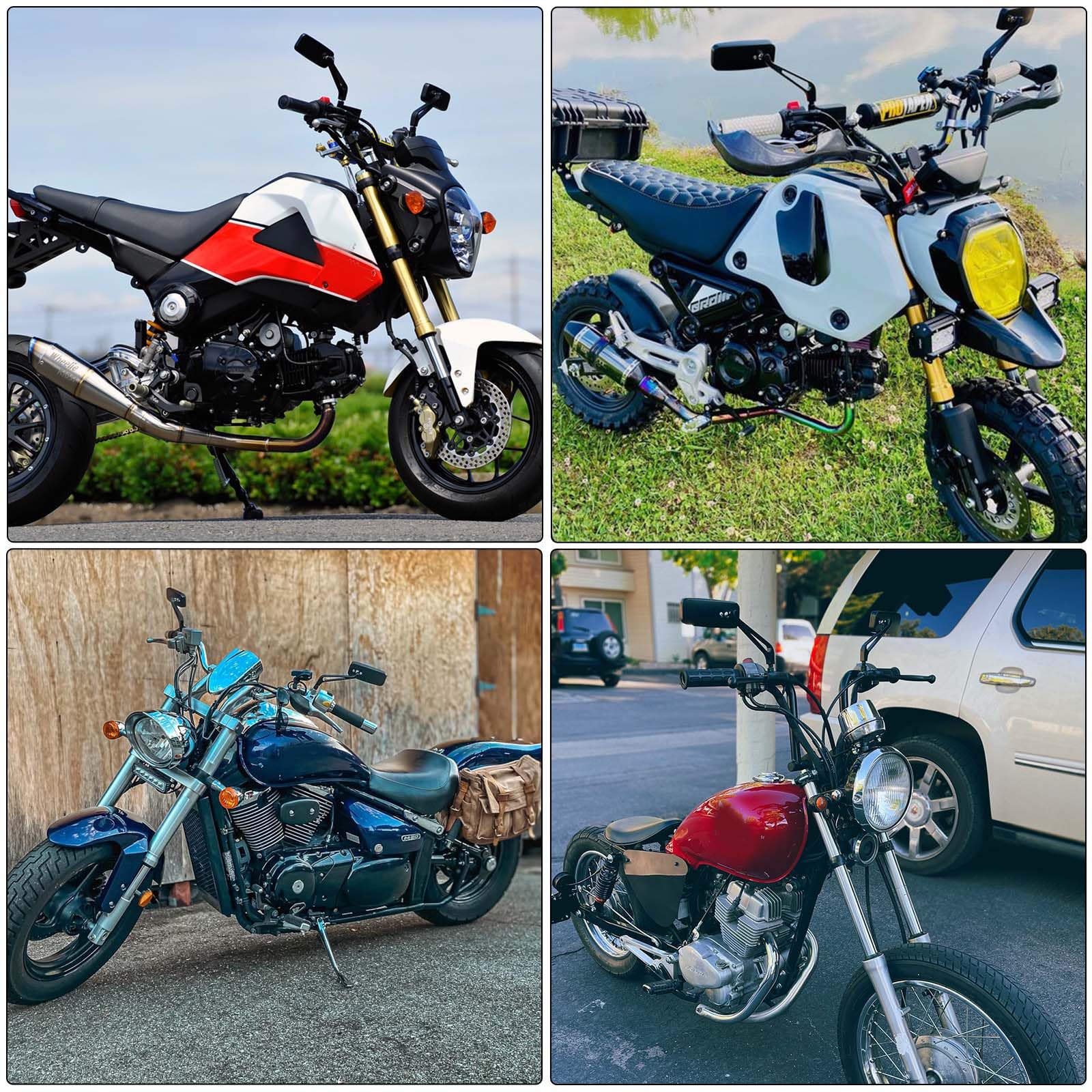 Rich Choices mirrors mounted on motorcycle demonstrating compatibility and sleek look
