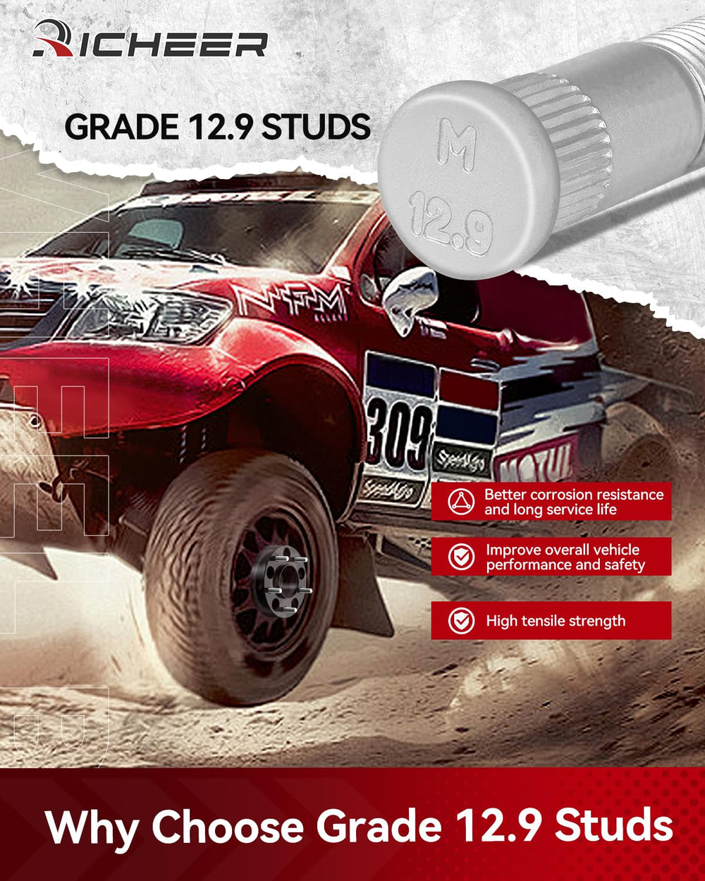 Richeer spacer installed with large tire showing added clearance and traction benefits