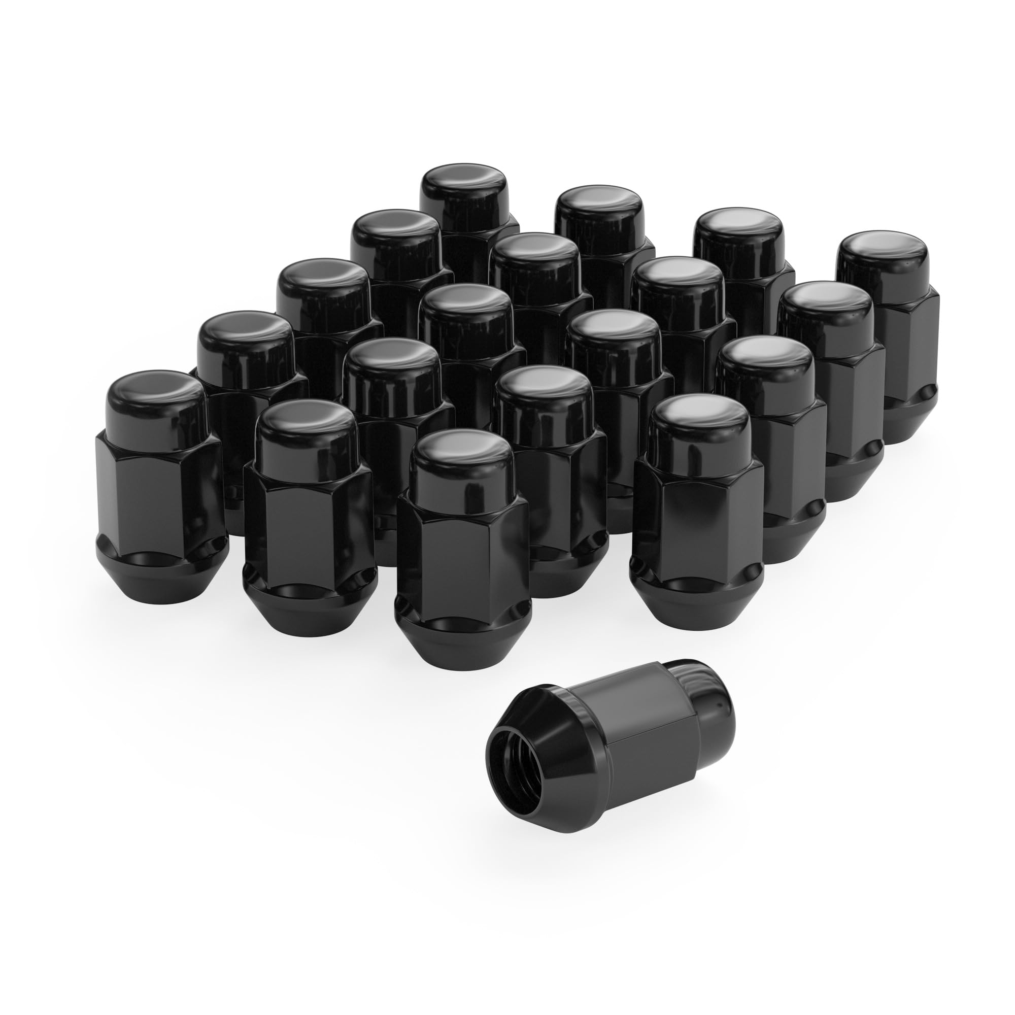 Richeer front view of 20 black lug nuts showing complete set and neat finish benefit