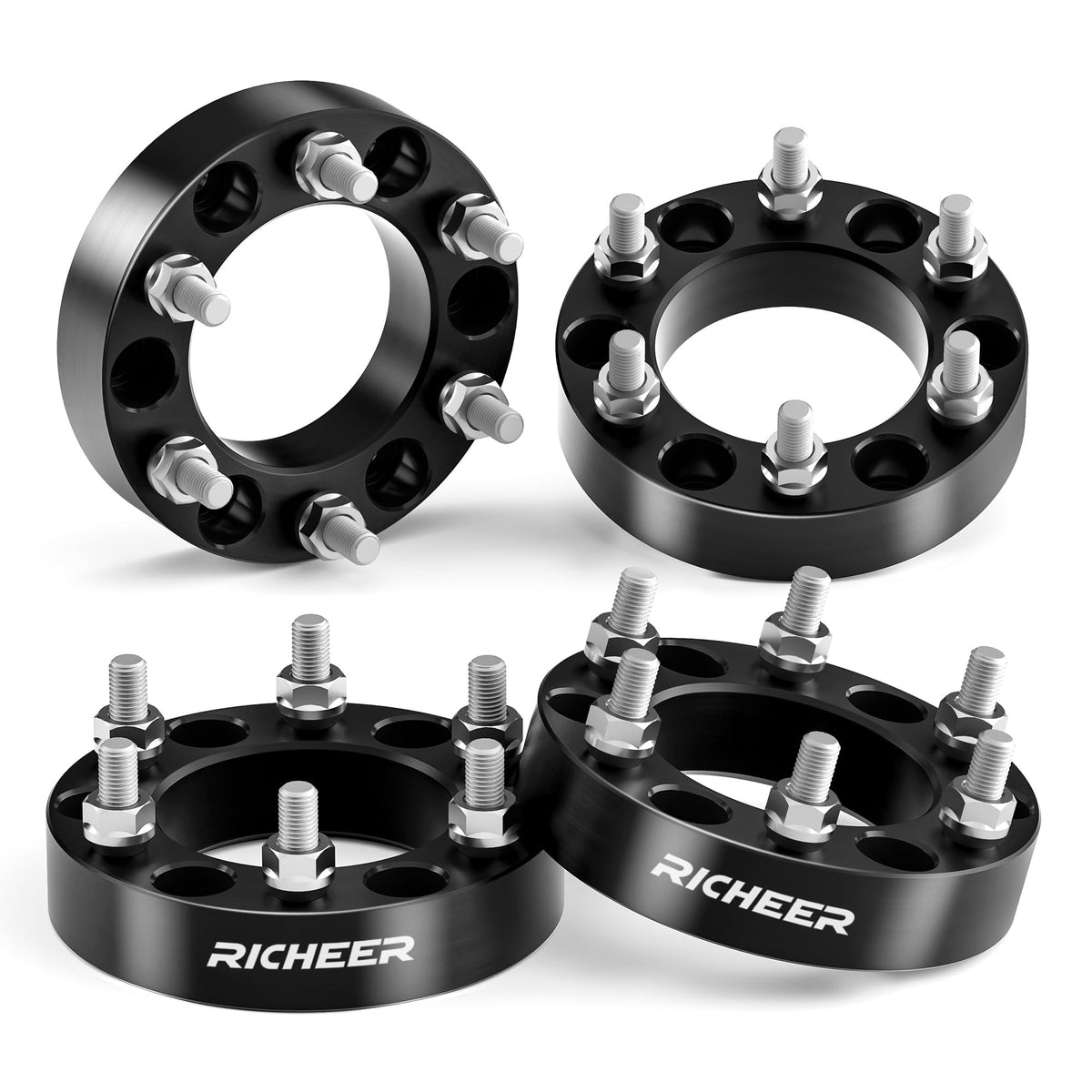 Richeer front view of four spacers showing bolt pattern for easy identification and fitment