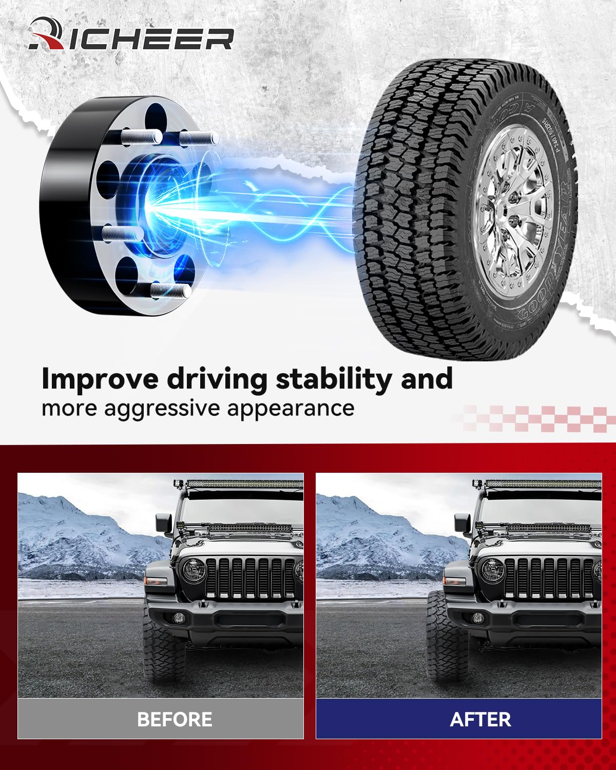Richeer spacers mounted to Wrangler JL hub demonstrating improved wheel fitment
