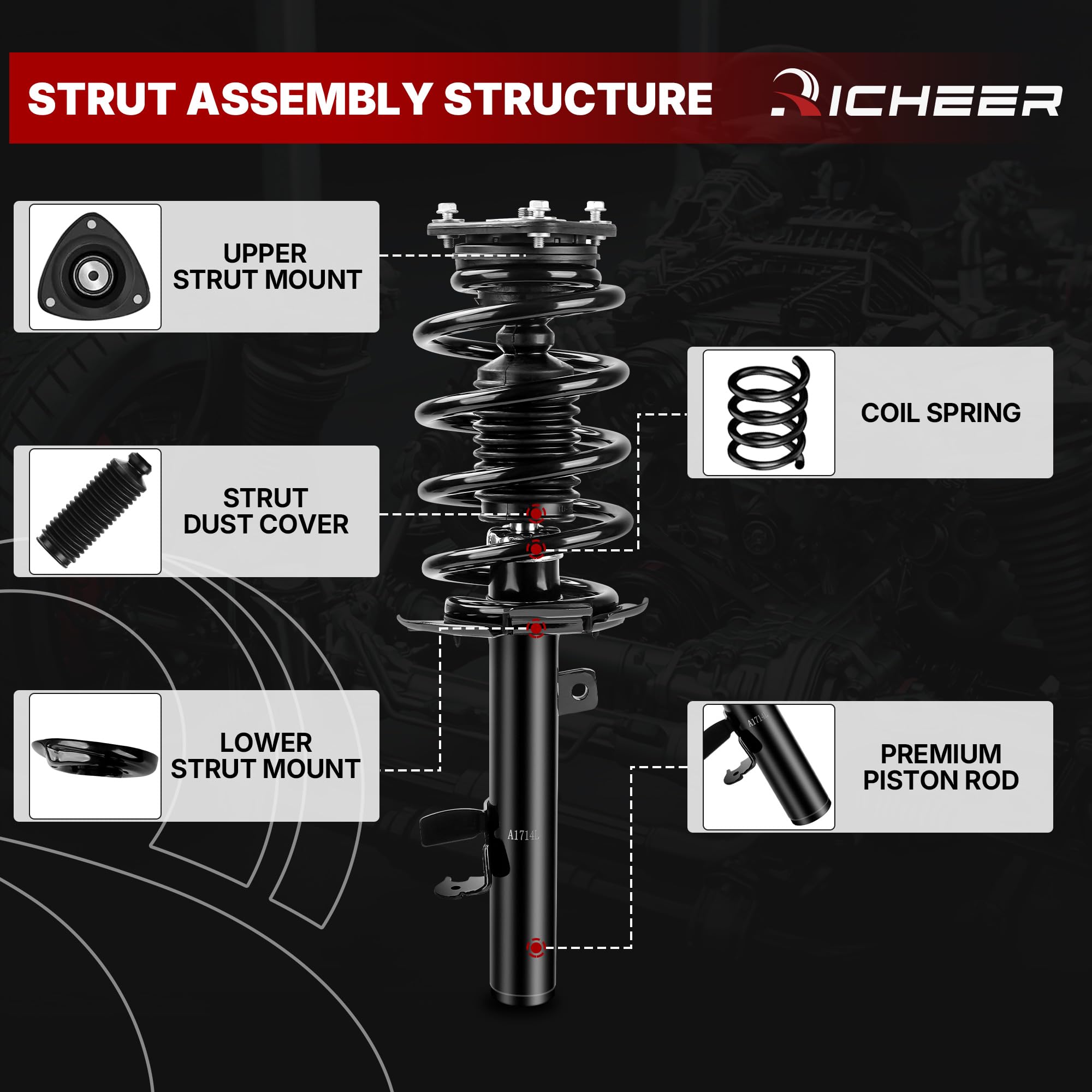 Richeer strut mounted on vehicle in garage showing bolt-on installation benefit