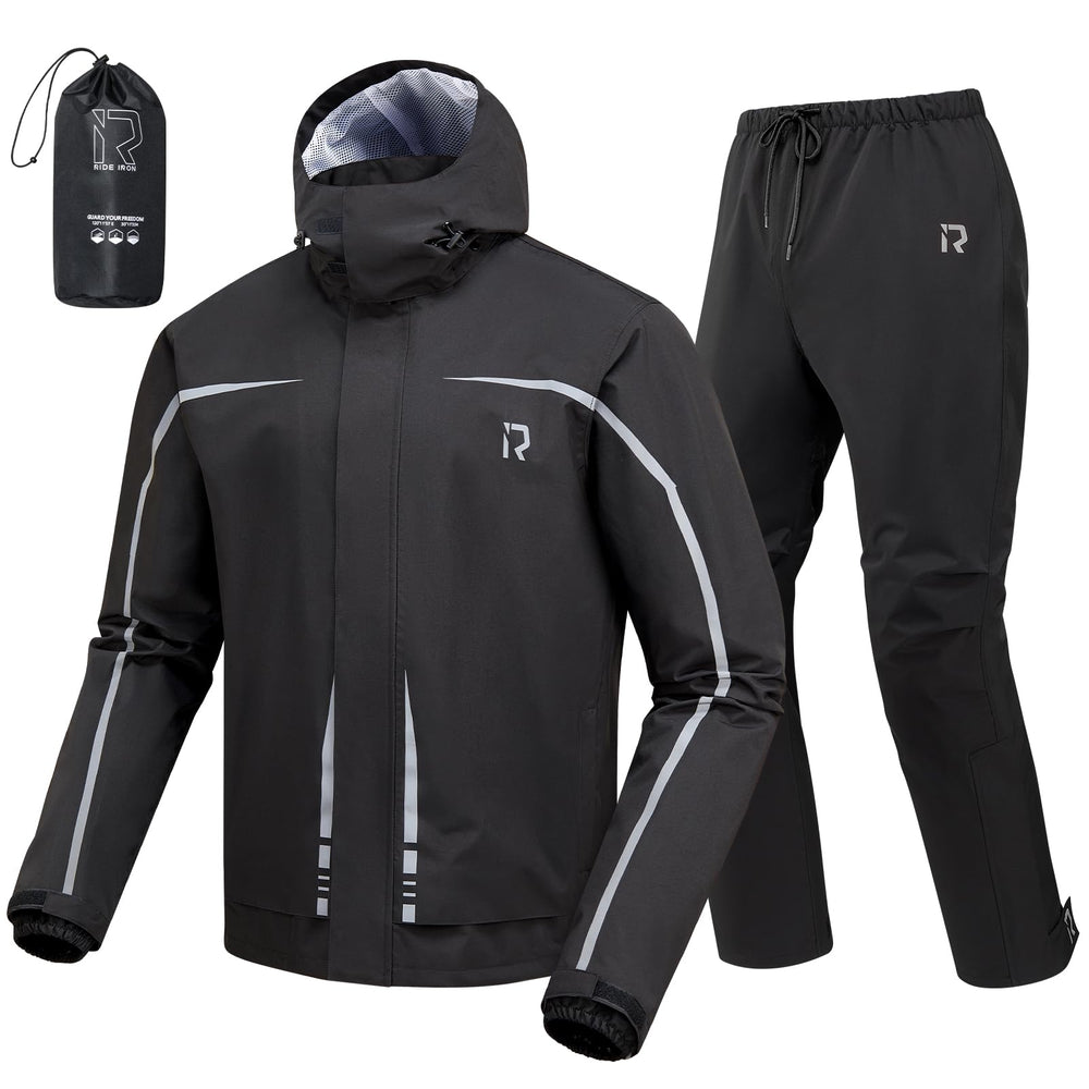 RIDEIRON front view of jacket and pants showing full waterproof coverage and fit