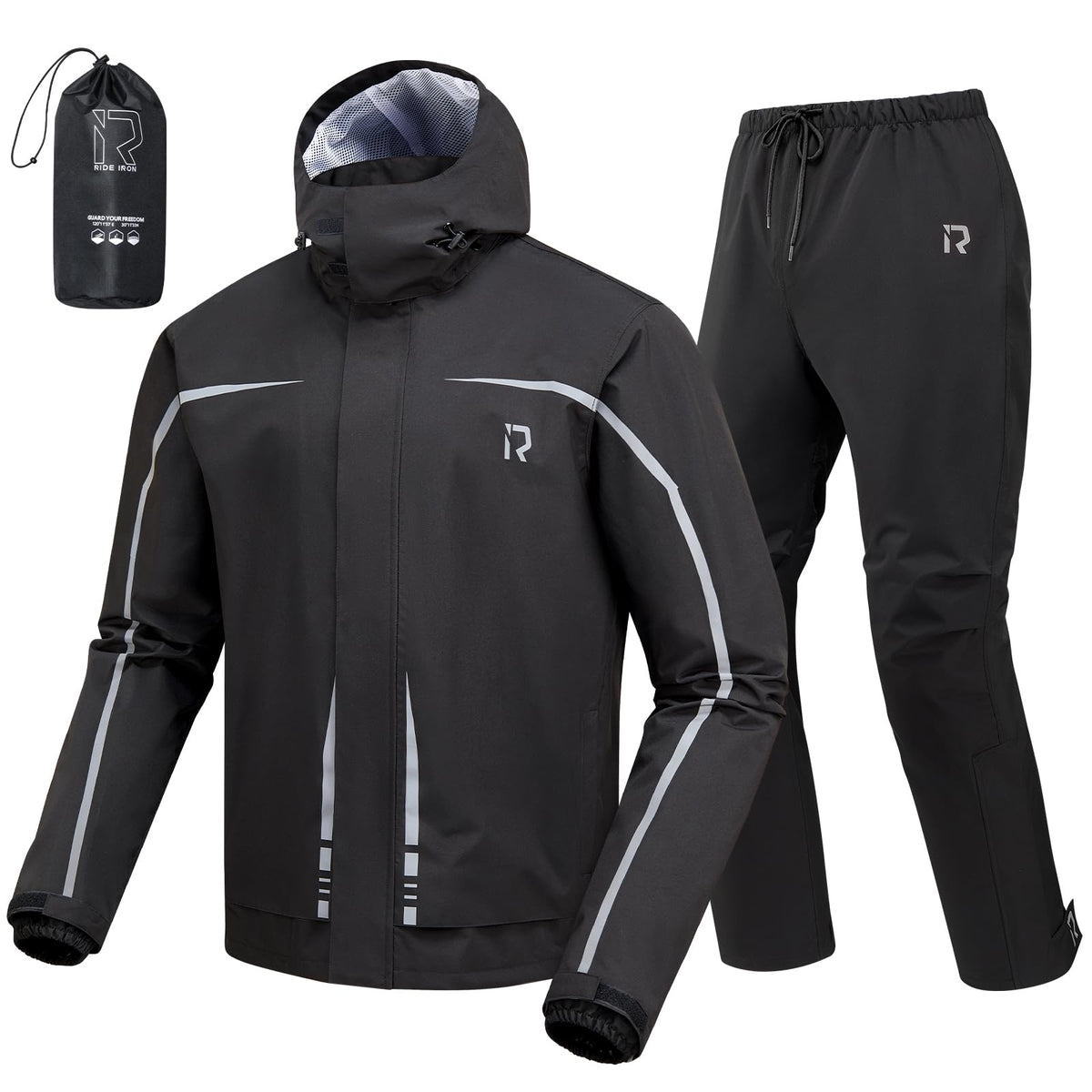 RIDEIRON front view of jacket and pants showing full waterproof coverage and fit