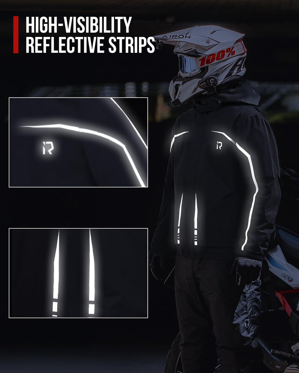 RIDEIRON motorcyclist wearing suit in rain demonstrating weather protection