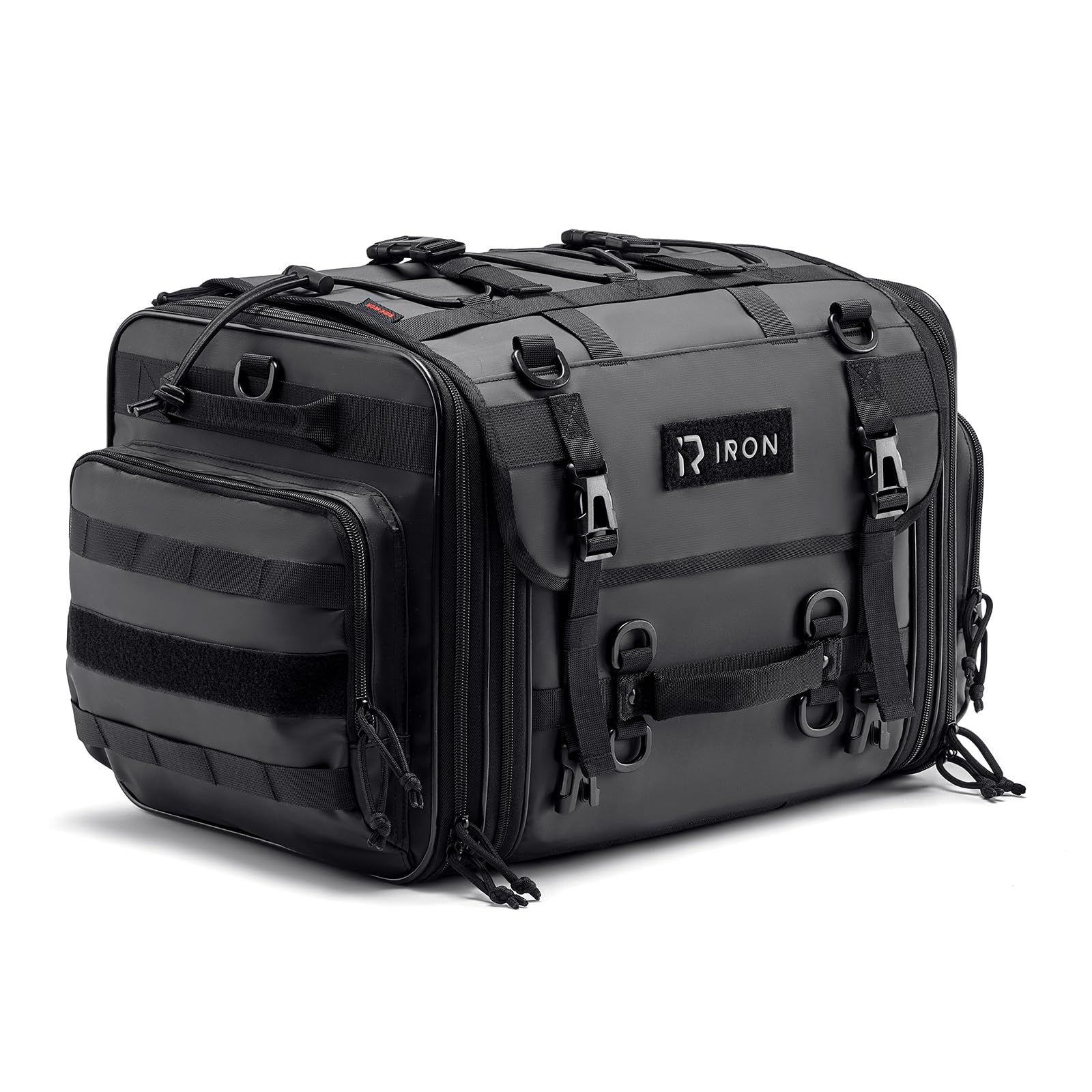 RIDEIRON front view showing compact shape and secure straps for versatile storage