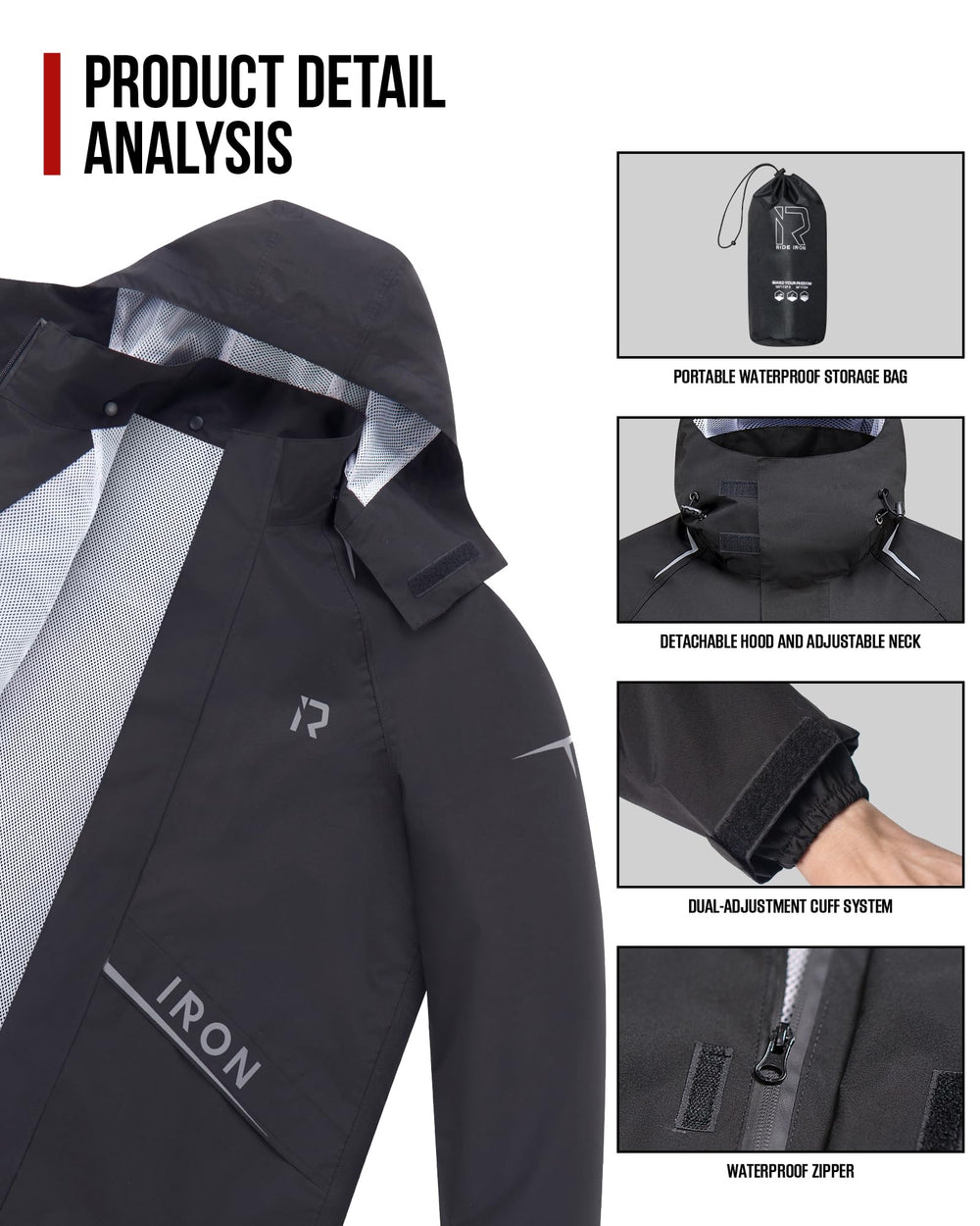 RIDEIRON waterproof zipper and cuff adjustment providing secure fit