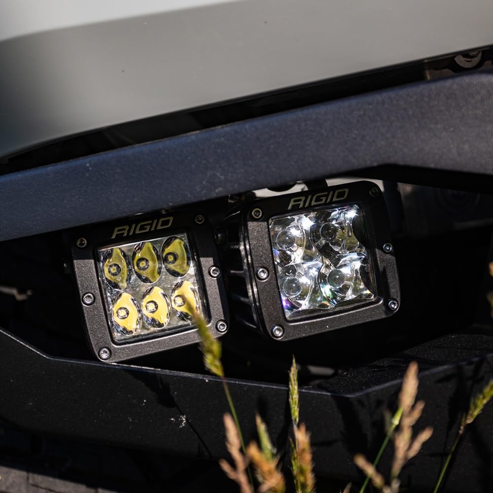 Rigid Industries D-Series PRO wiring and bracket detail showing universal fit and install benefit