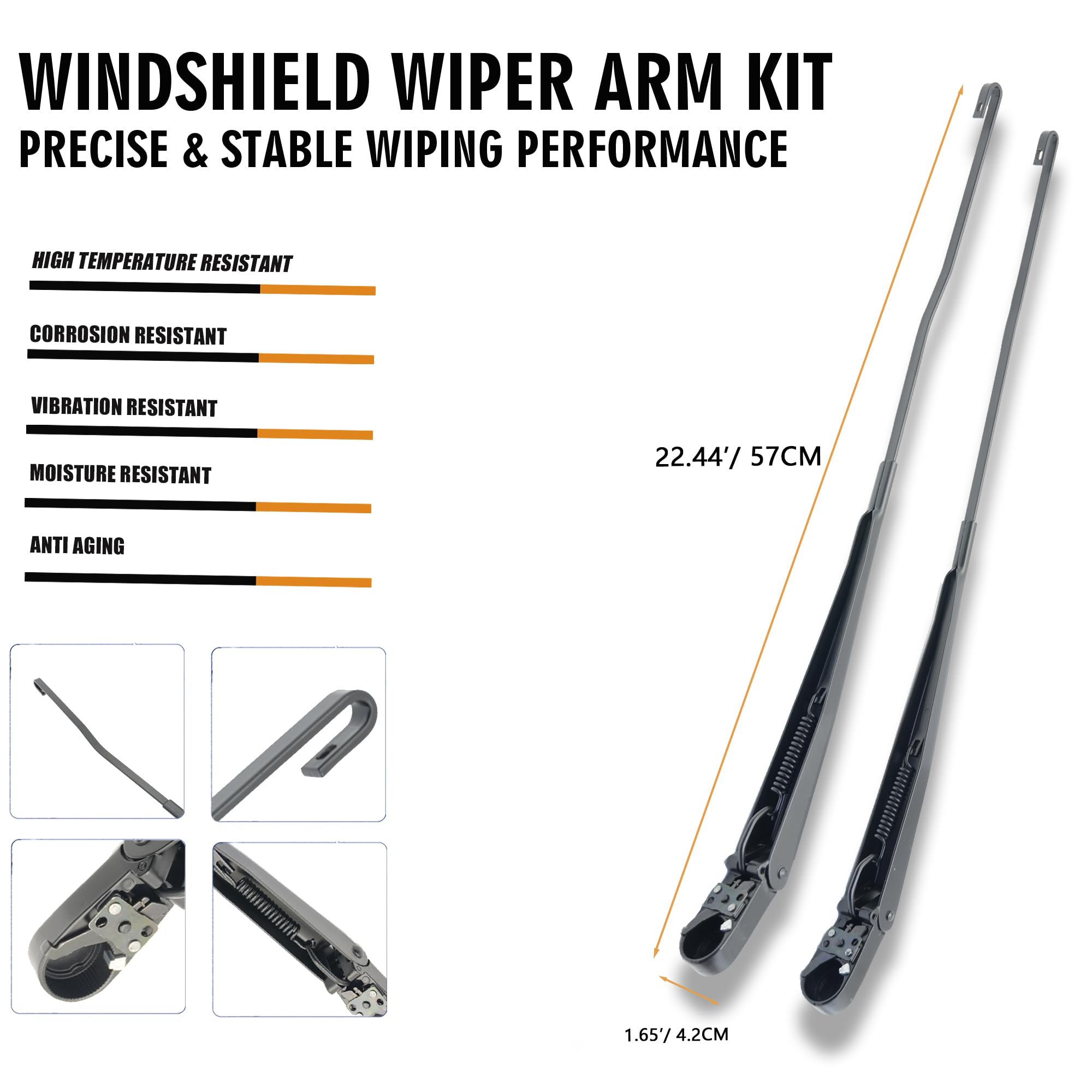 RigidWire passenger-side wiper arm close-up showing mounting points and noiseless operation benefit