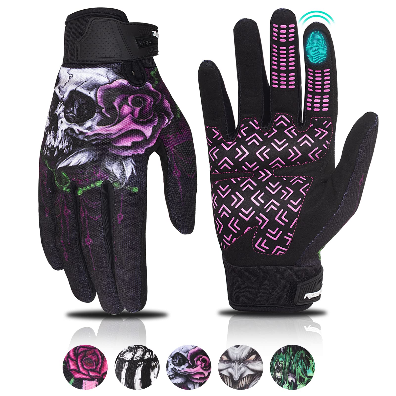 RIGWARL front view pink gloves showing full-finger fit and wrist strap for secure control
