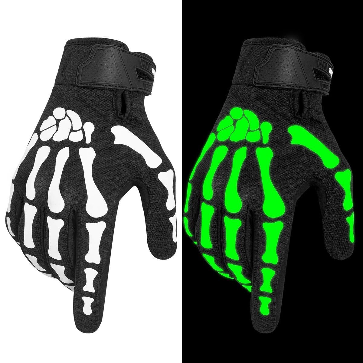 RIGWARL front view skeleton gloves showing glow effect and stylish design benefit