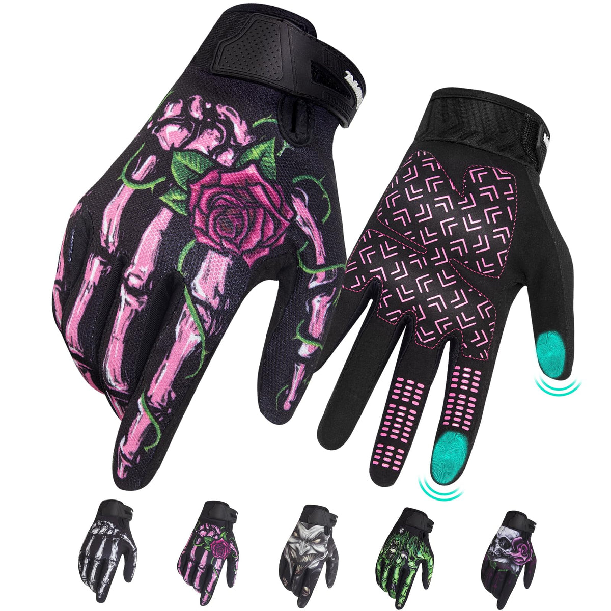 RIGWARL pink skeleton gloves front view showing full-finger protection and stylish design