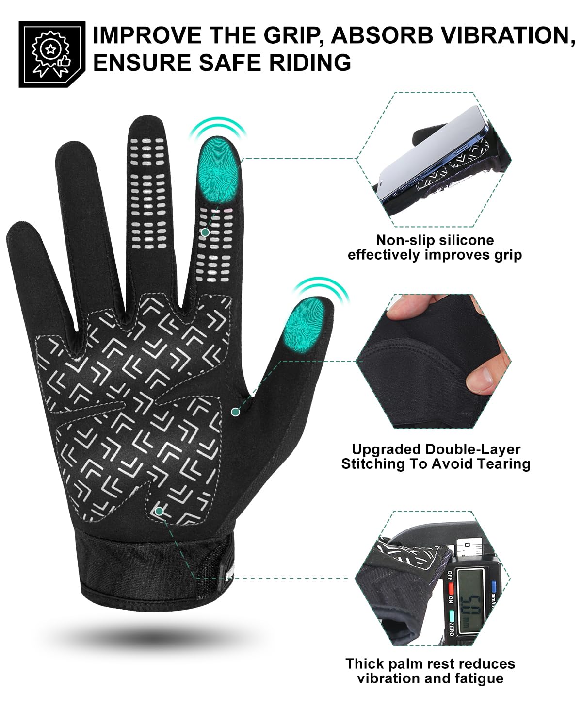 RIGWARL thumb and index close-up showing conductive fibers for touchscreen use