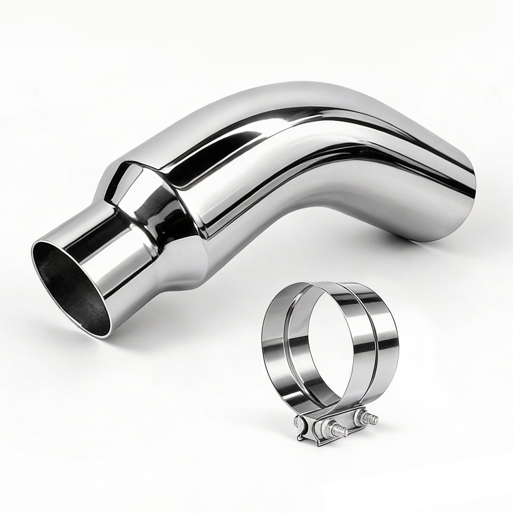 RILMATON front view exhaust elbow showing polished chrome and clean edge benefits