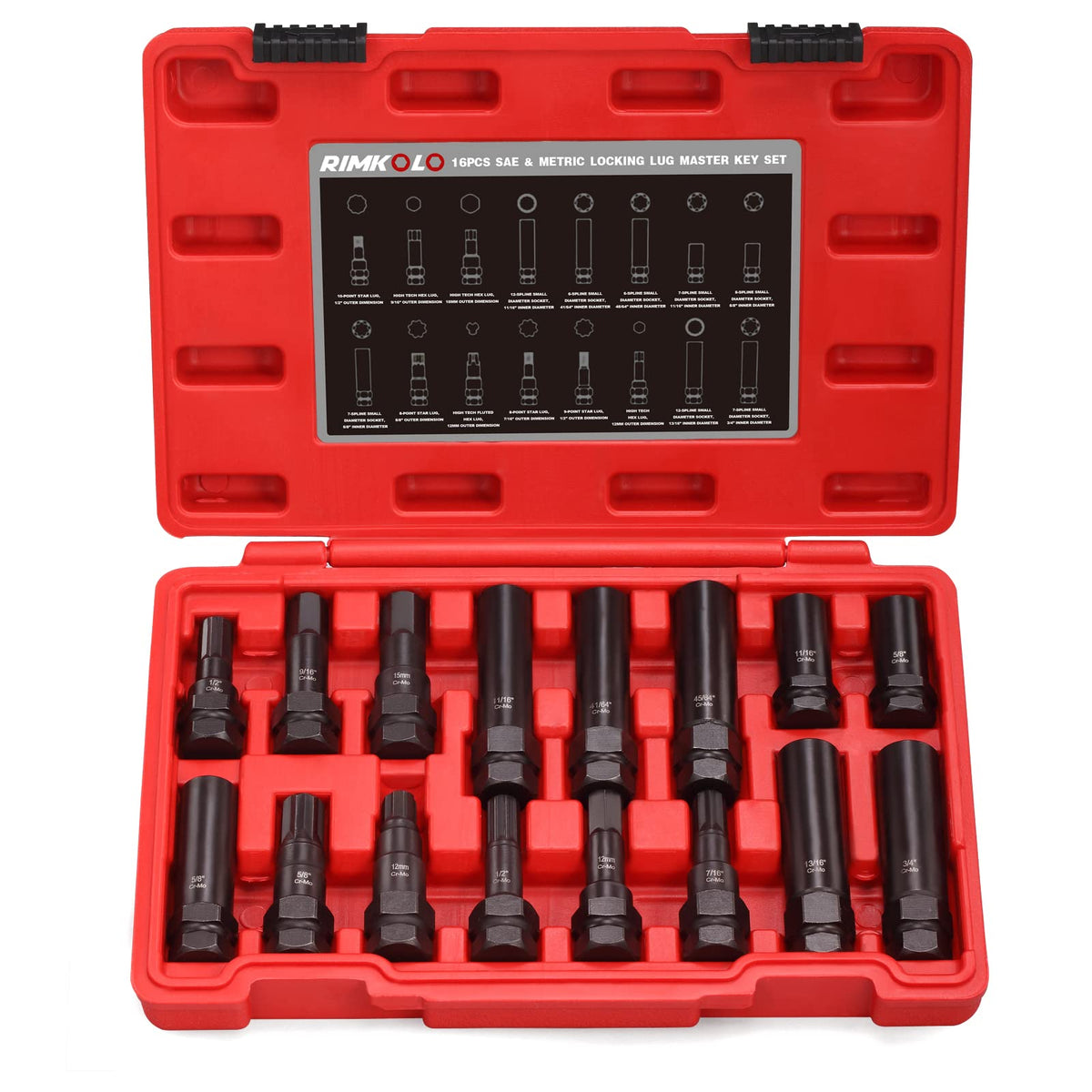 RIMKOLO front view case open showing organized 16-piece set and quick selection benefit