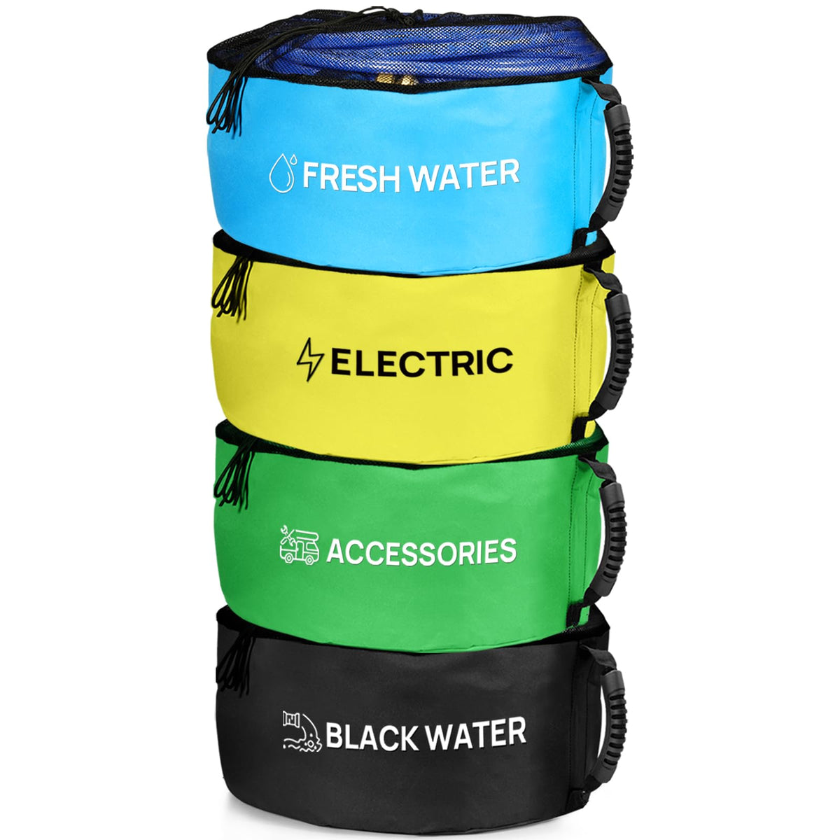 RINBOU front view of four color-coded storage bags showing organized gear benefits