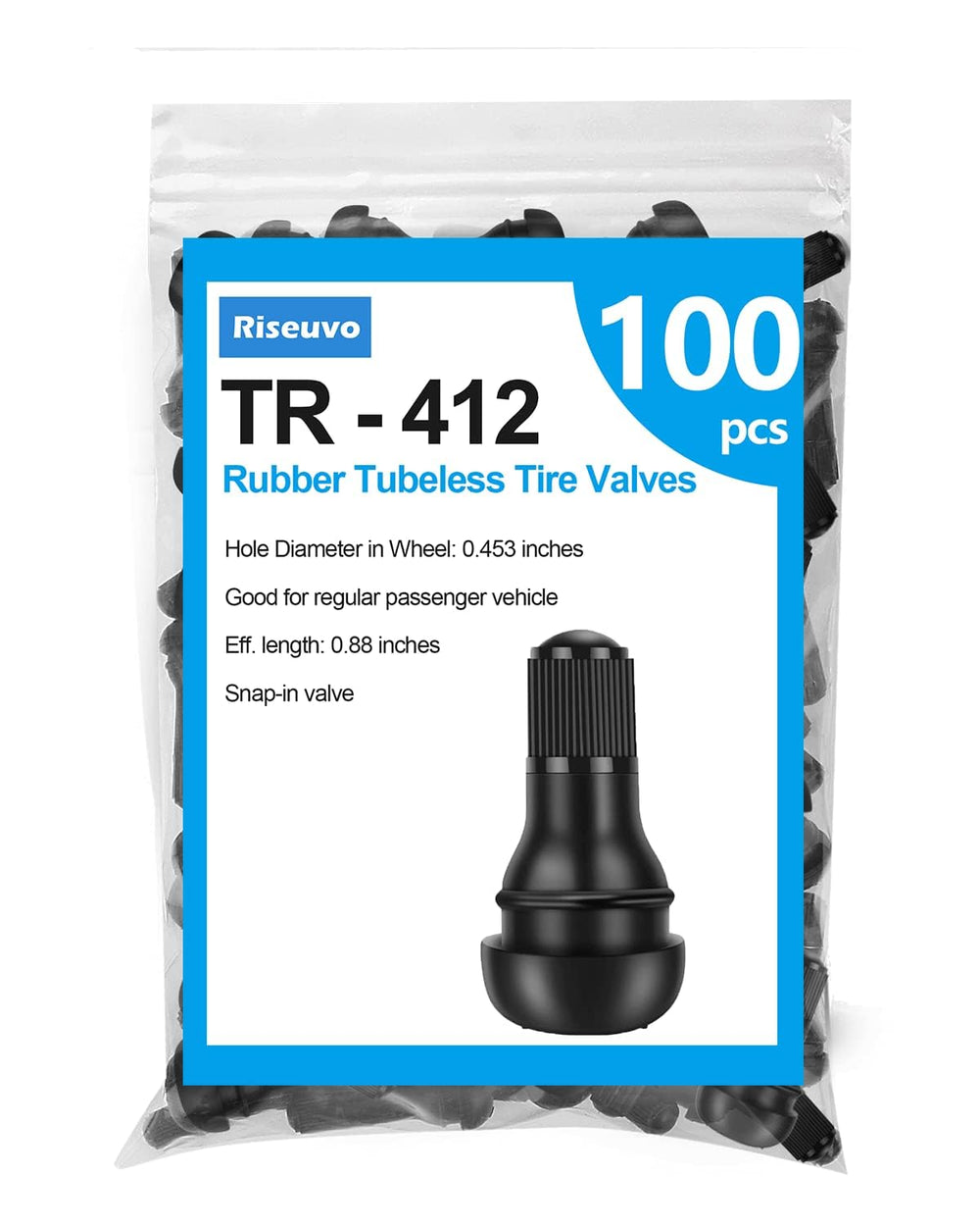 Riseuvo front pack of 100 TR412 stems showing quantity and branding benefit convenience