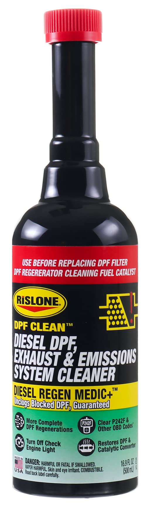 Rislone label close-up showing directions and product compatibility benefits