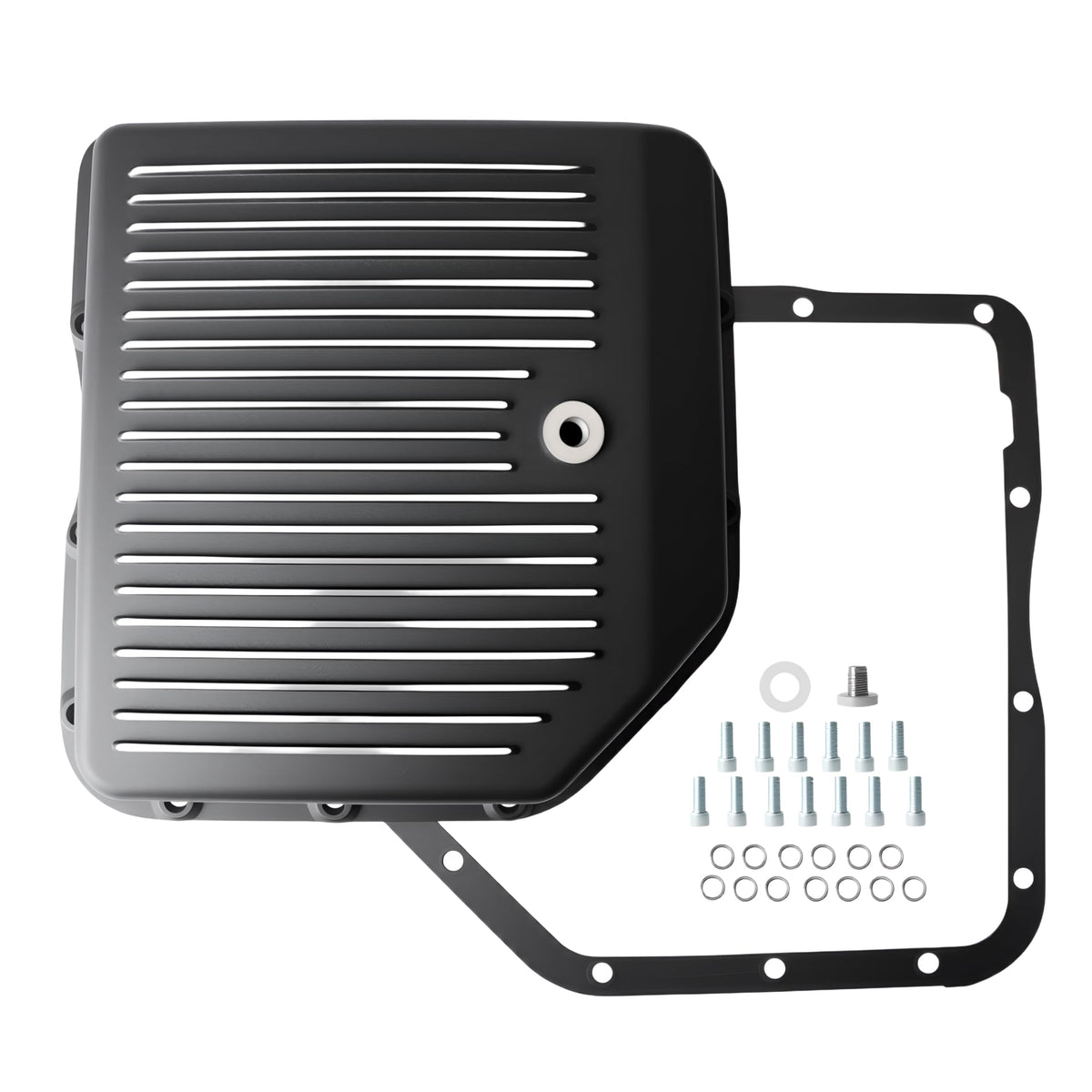 Riyhch front view of pan and drain plug showing fit and easy maintenance
