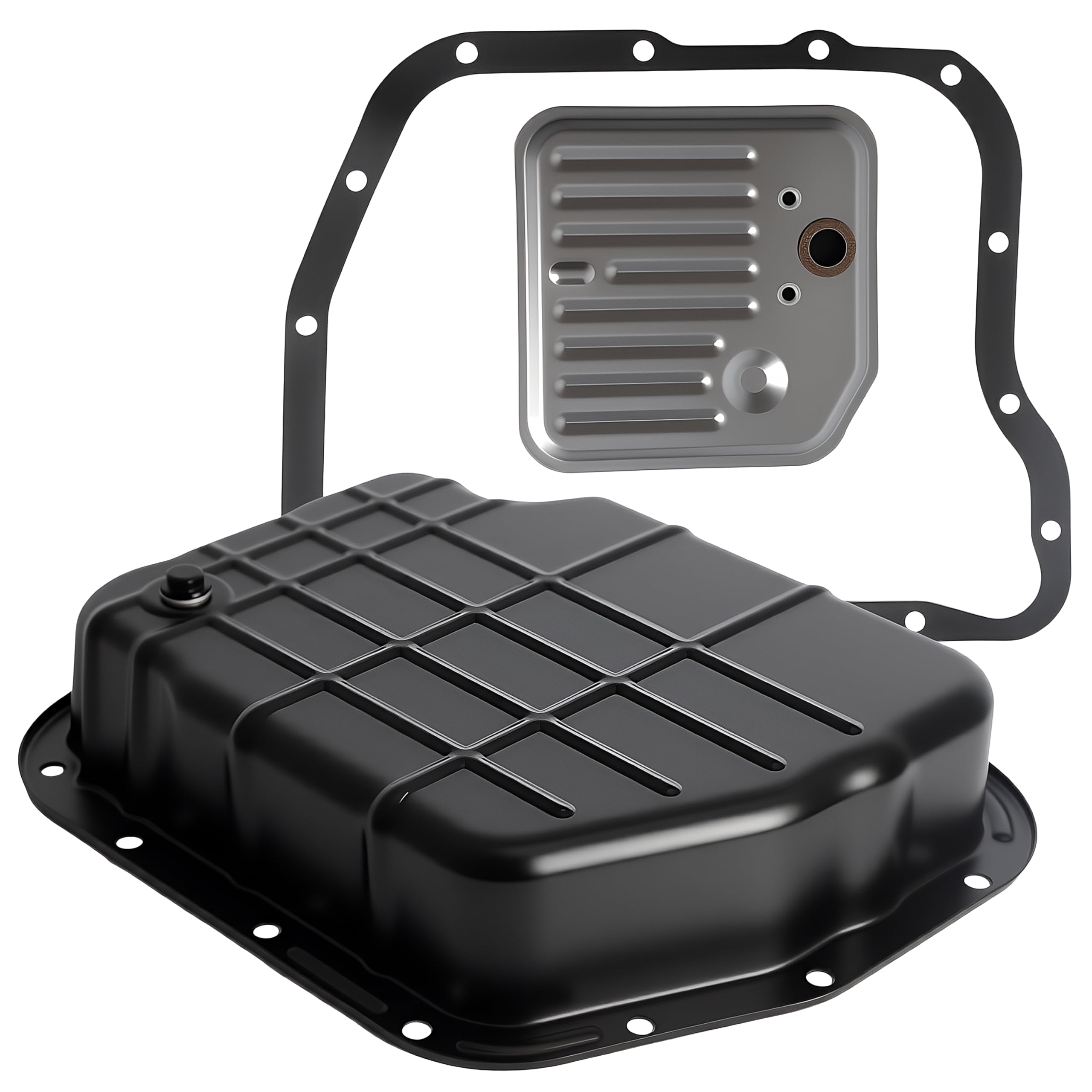 Riyhch front view of transmission pan showing finish and drain plug for easier fluid changes