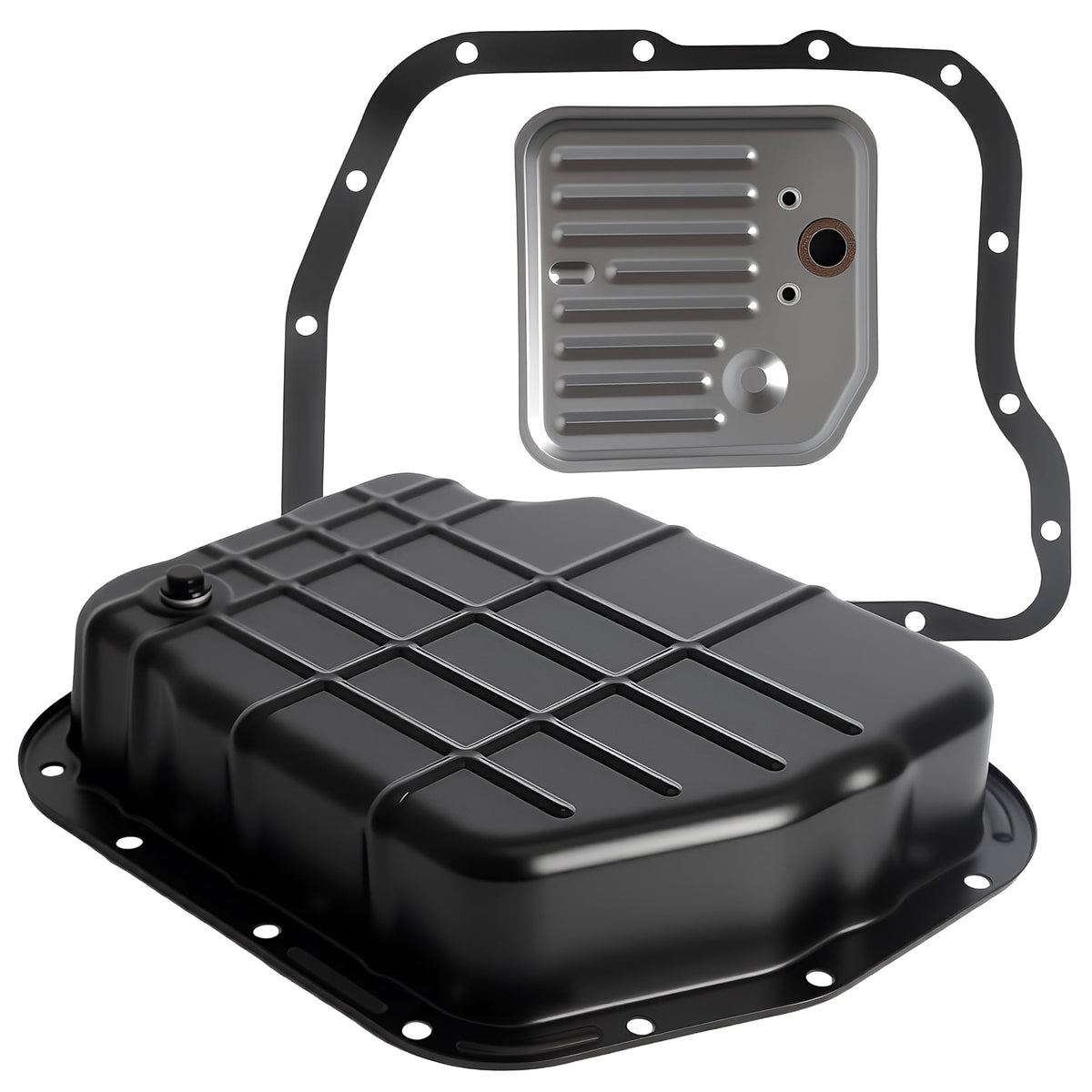 Riyhch front view of transmission pan showing finish and drain plug for easier fluid changes