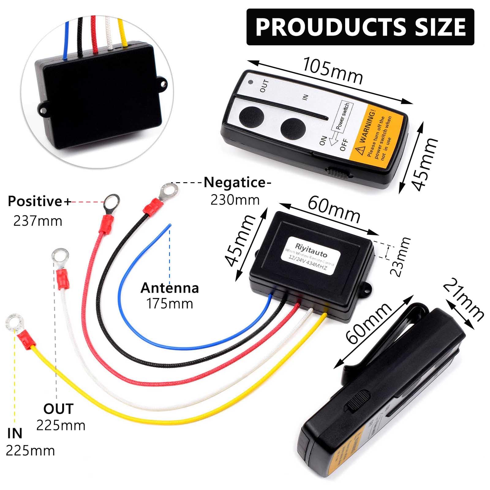 Riyitauto handheld remote front view with clear switches for easy winch control