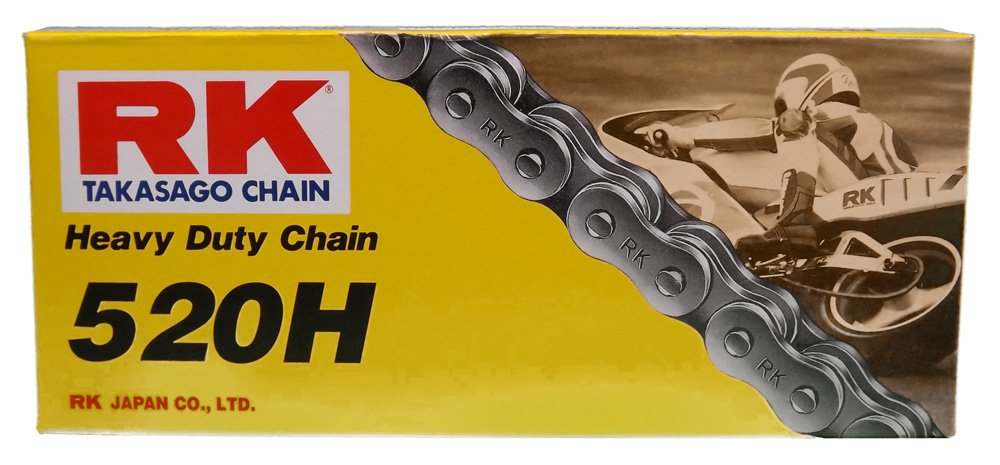 RK Racing Chain front packaging showing 120-link kit and clip link, durable drivetrain benefit