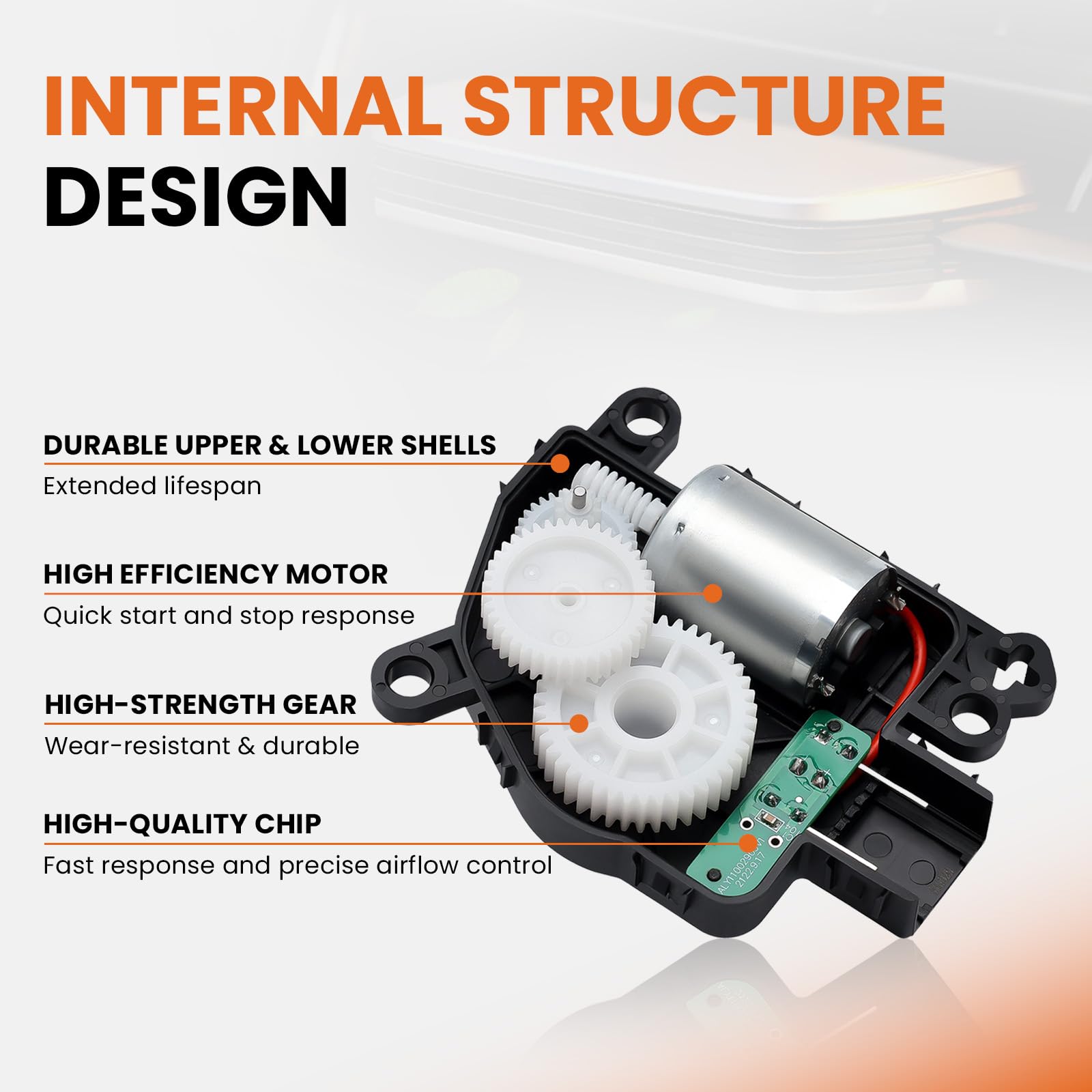 RLP blend door actuator next to ruler showing compact size and easy installation benefit