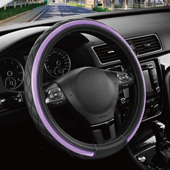 Road Comforts front view of black and purple steering wheel cover showing design and finish, adds sporty style