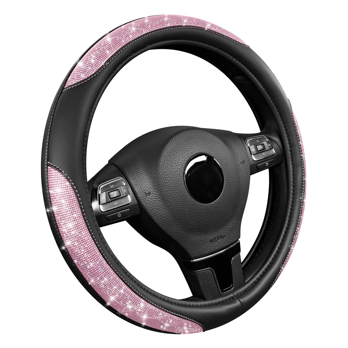 Road Comforts front view of light pink glitter steering wheel cover showing full design and fit