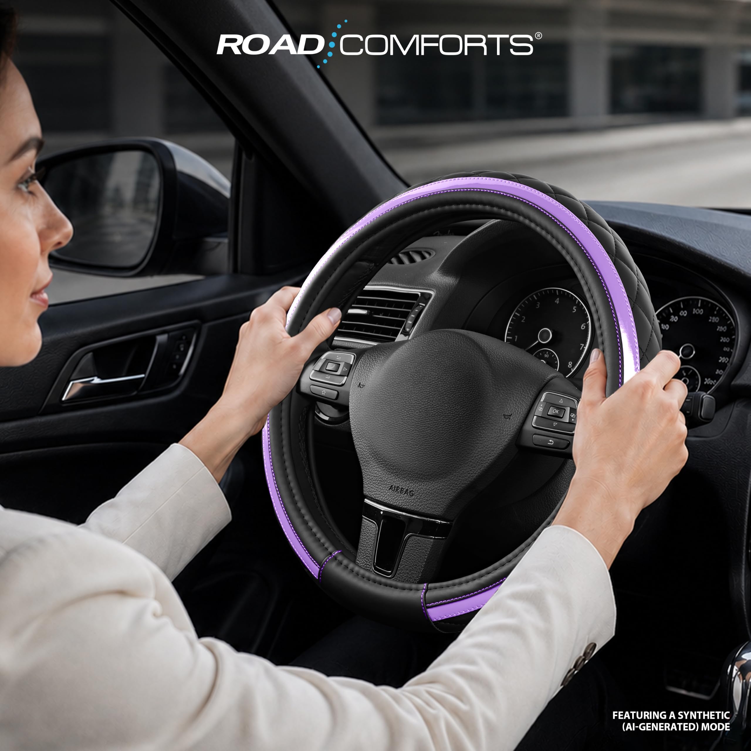 Road Comforts installed on a car steering wheel showing improved grip and refreshed interior appearance