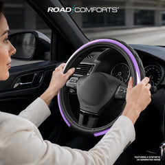 Road Comforts installed on a car steering wheel showing improved grip and refreshed interior appearance