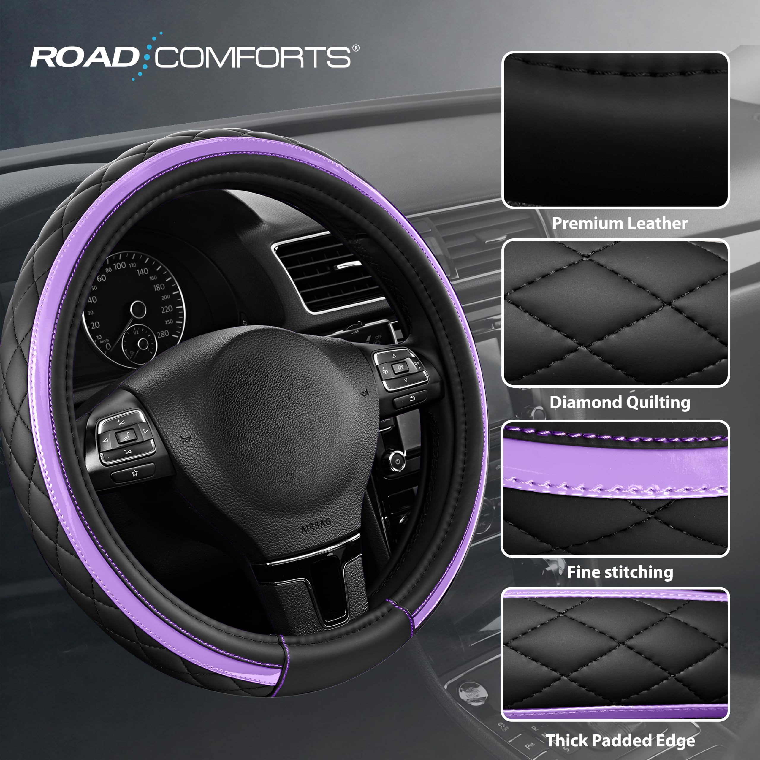 Road Comforts cover beside ruler for scale showing universal 14.5–15 inch fit and easy sizing confirmation