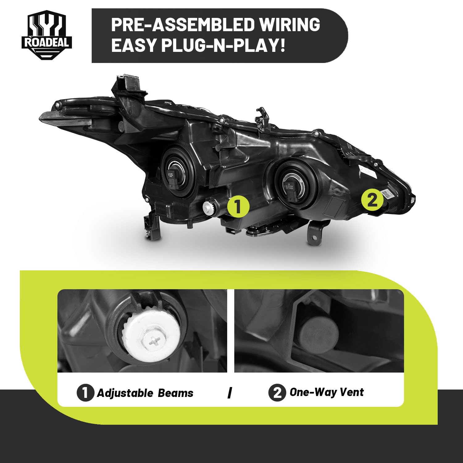 ROADEAL headlight next to ruler for size and scale comparison convenience