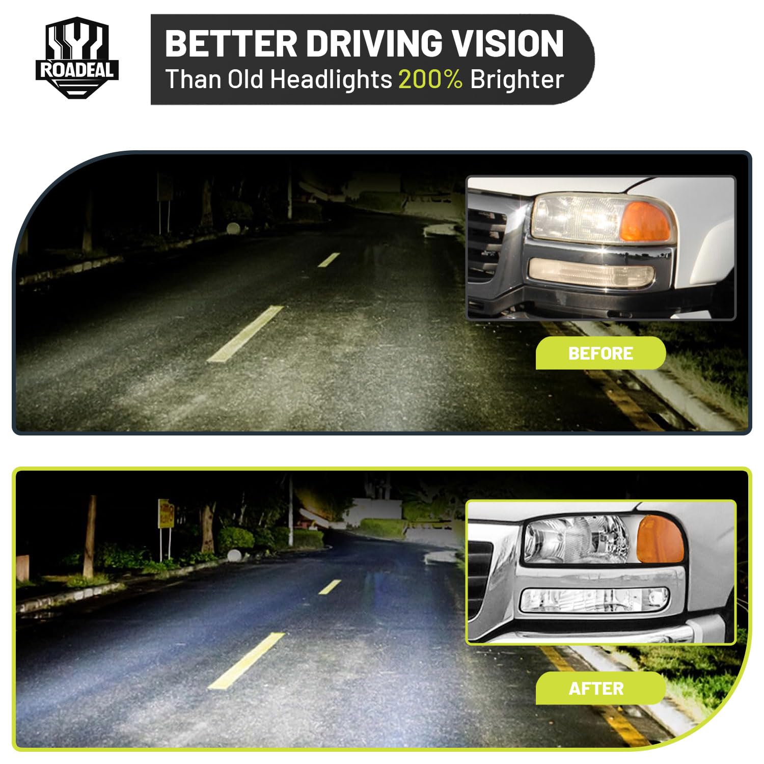 ROADEAL headlight beside ruler showing exact OEM-compatible dimensions