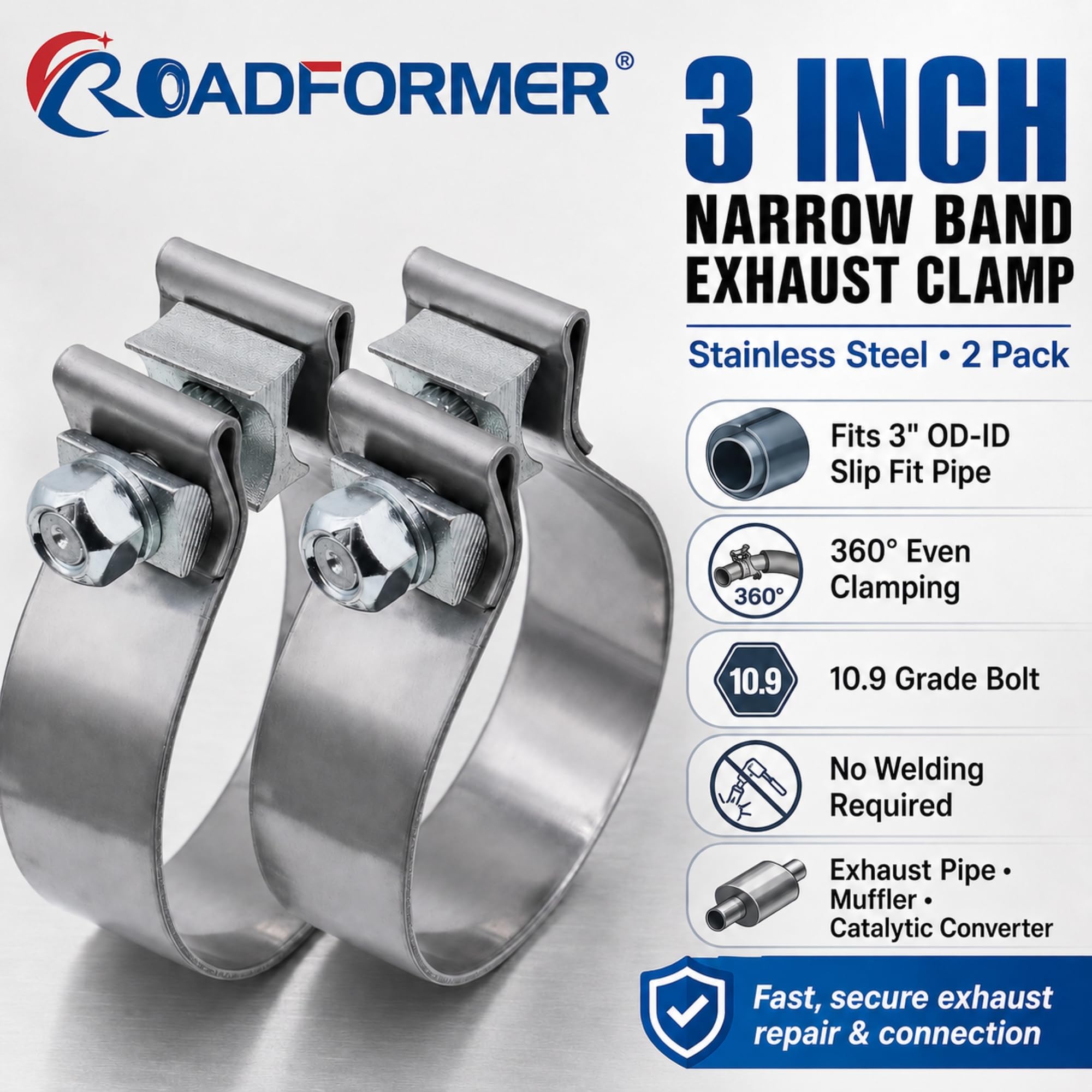 ROADFORMER clamp installed on muffler showing secure no-weld connection