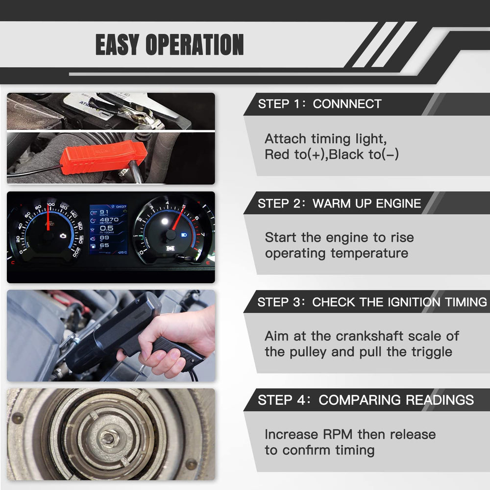 ROADGIVE timing light in use on a car engine bay for accurate ignition checks