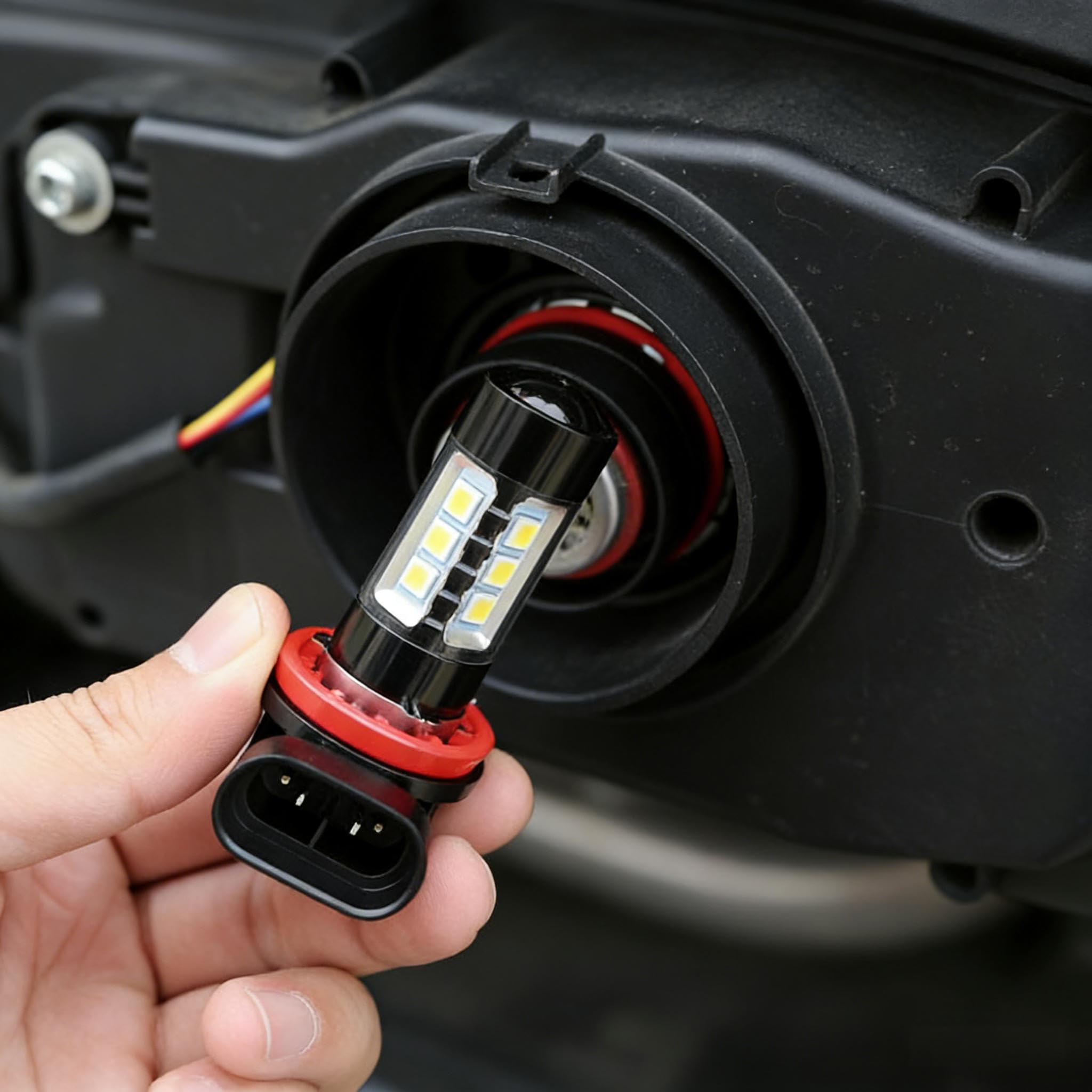 ROADLIT bulb beside a ruler showing compact dimensions and OEM compatibility