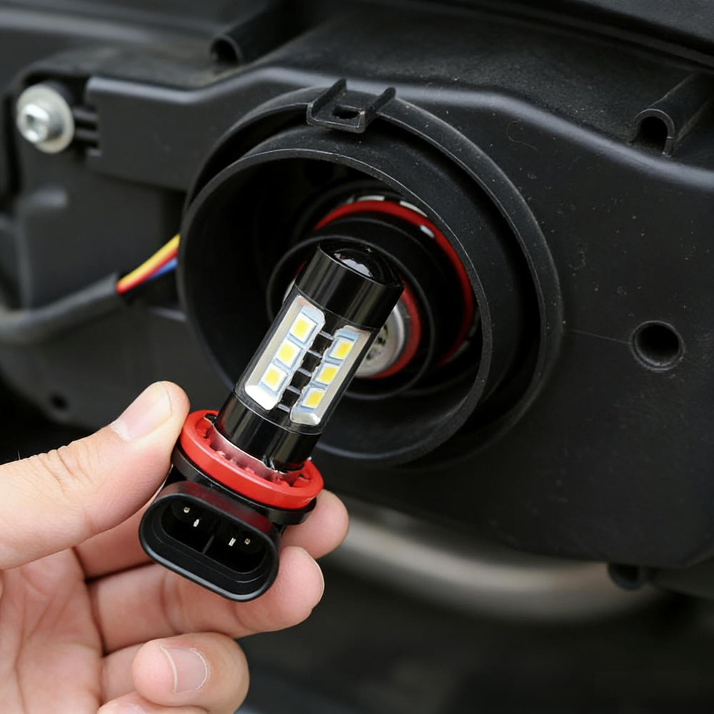 ROADLIT bulb beside a ruler showing compact dimensions and OEM compatibility