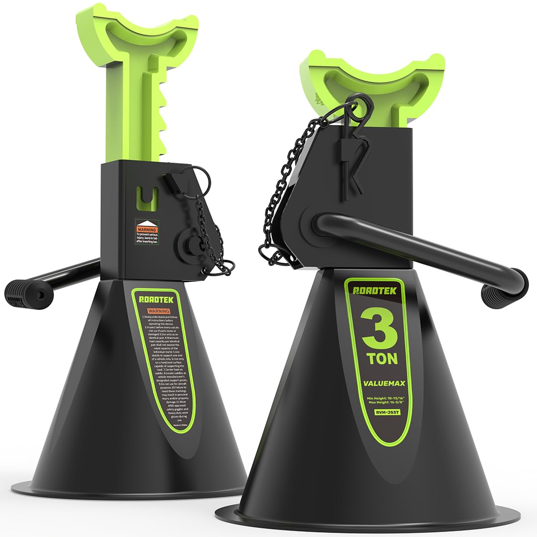 ROADTEK front view of pair of jack stands showing stable stance and secure support