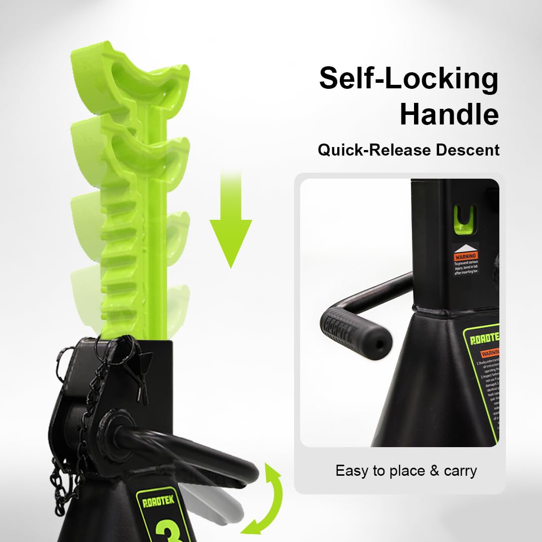 ROADTEK jack stand supporting car undercarriage demonstrating hands-free access