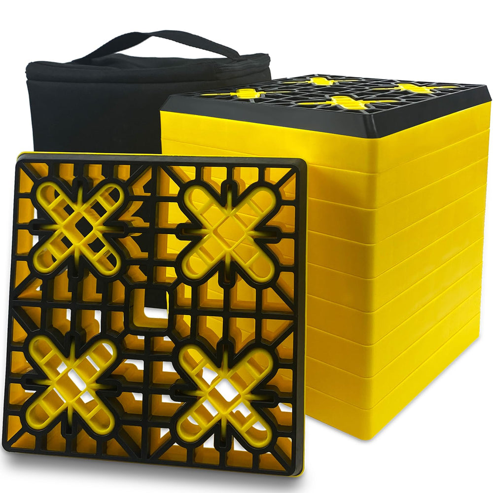 ROBLOK front view of 12-pack showing all blocks and bag, demonstrates portability
